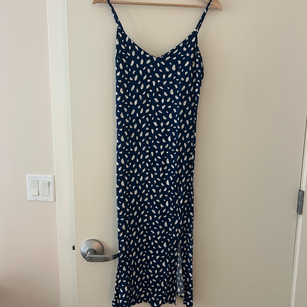 Reformation Navy Slip Maxi Dress with White Spot Print